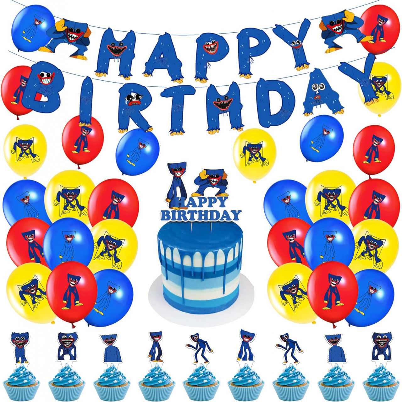 Set aniversar animat pentru copii CMDXBD, model Poppy Playtime, latex/hartie, rosu/galben/albastru, 32 piese