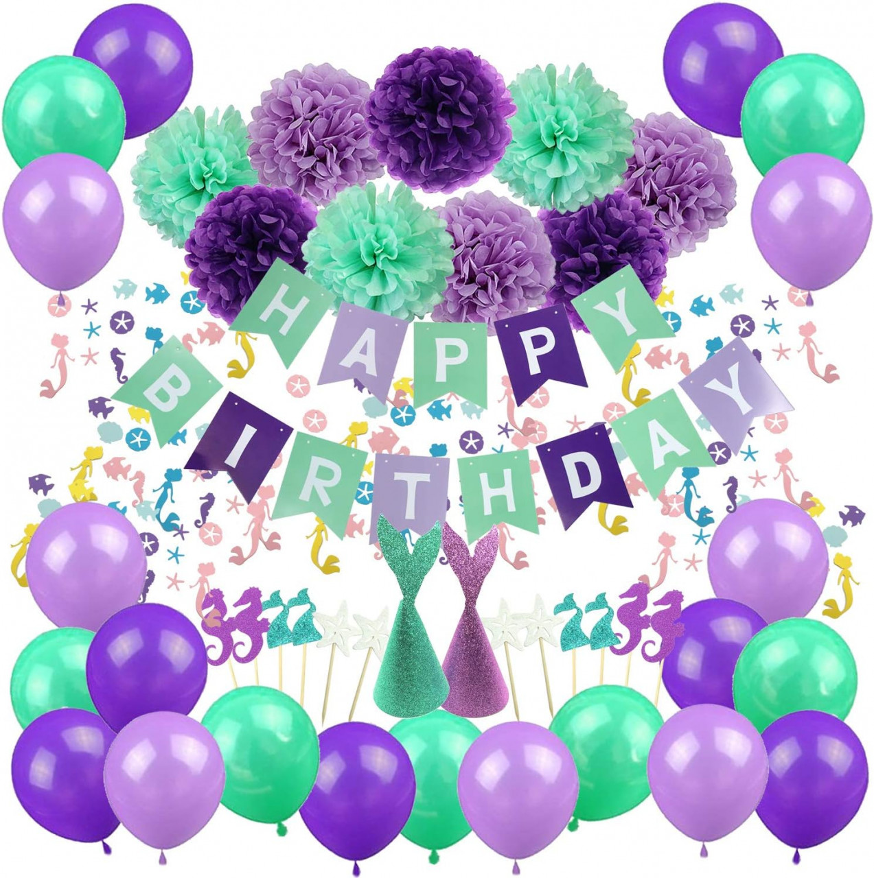 Set aniversar pentru decor sirena ZERODECO, hartie/latex, turcoaz/violet, 67 piese