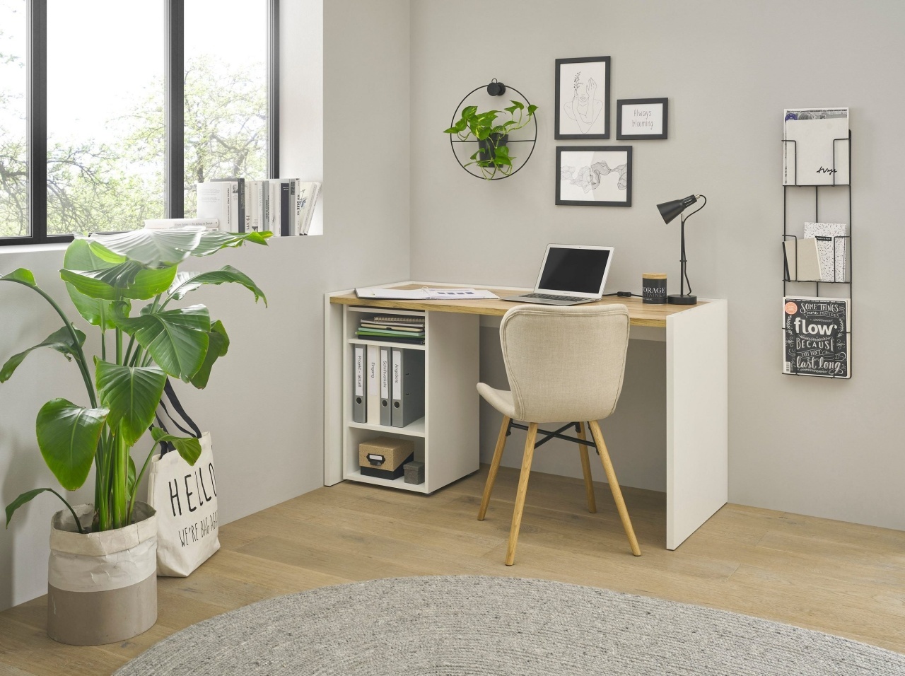 Set birou și comodă Giron, 143x63x77 cm, alb/antracit, PAL melaminat, design modern, certificat FSC®