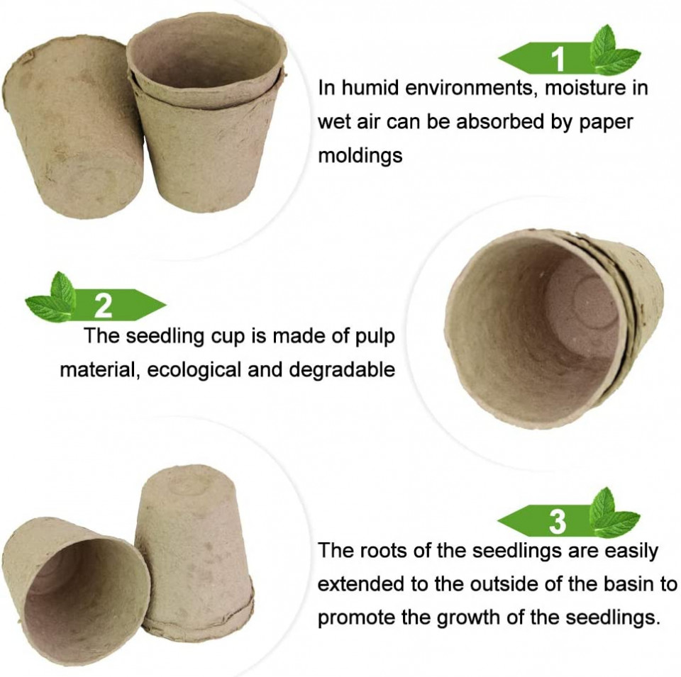 Poze Set de 100 ghivece si 100 etichete pentru rasaduri DECARETA, plastic/turba, alb/maro, 8 x 8 cm