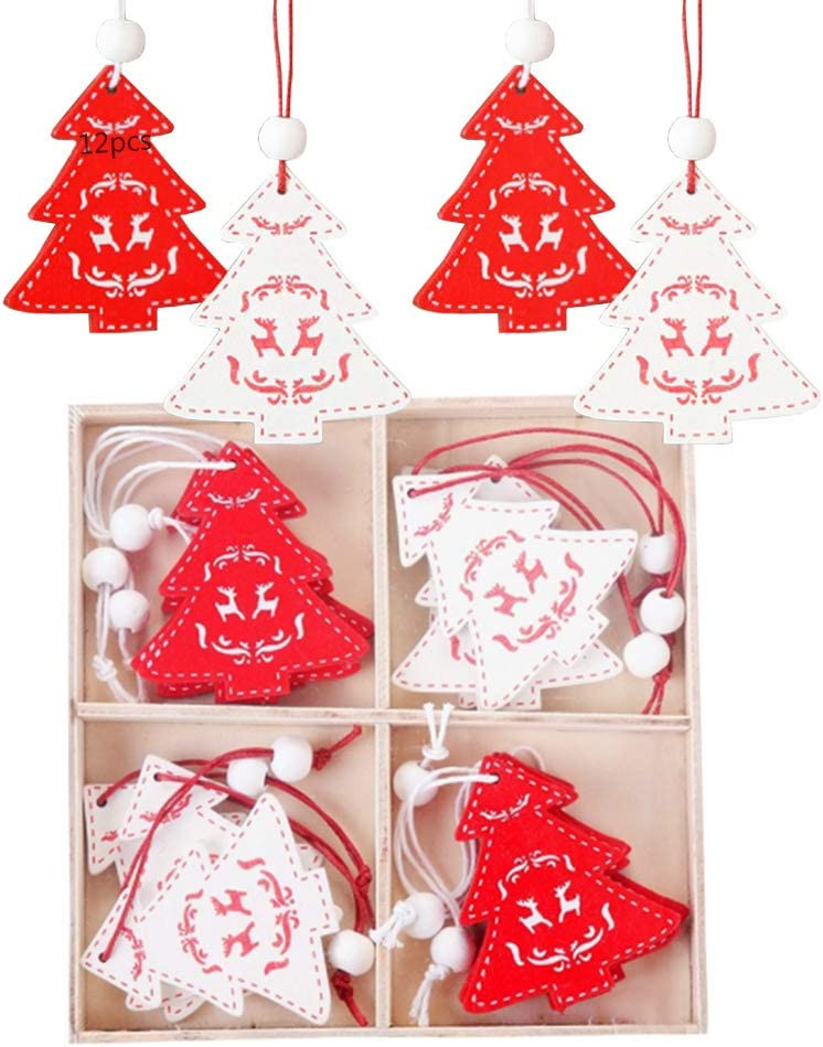 Set de 12 ornamente pentru brad Anyingkai, lemn, alb/rosu, 5 x 5,7 cm 57 imagine 2022