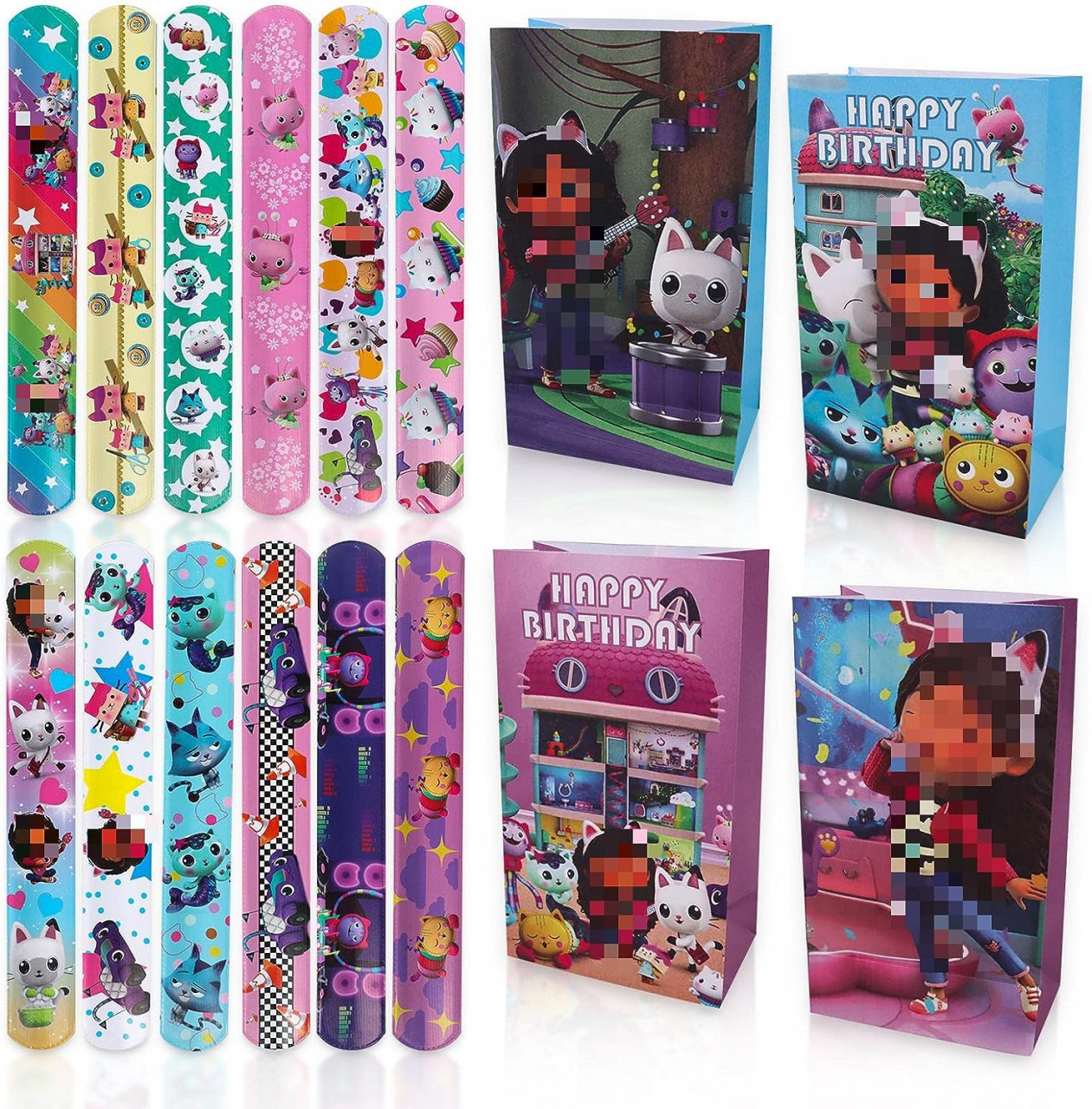 Set de 12 pungi cadou cu 12 bratari pentru petrecere copii, Yisscene, hartie/PVC, multicolor, 21 x 12 x 7,2 cm / 22 x 3 cm