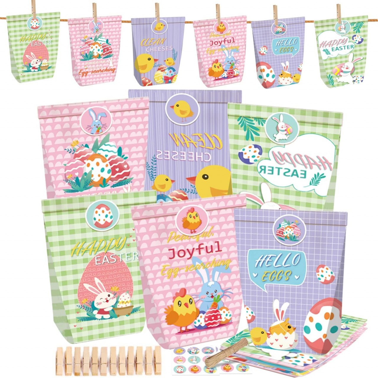Set de 12 pungi cadou pentru Paste cu autocolante si clipsuri Wellxunk, hartie/lemn, multicolor, 23 x 12 x 5,5 cm