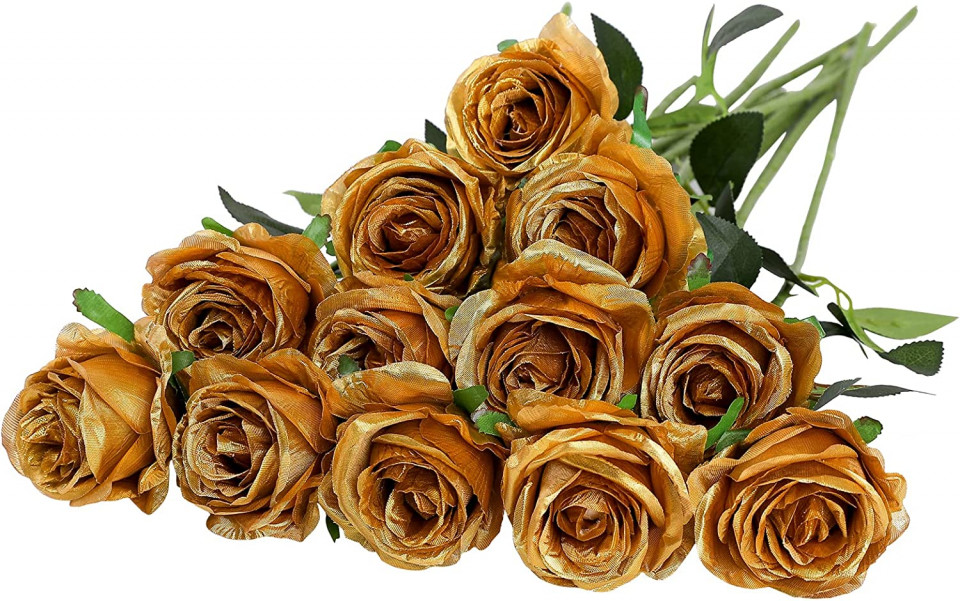 Set de 12 trandafiri artificiali Hawesome, matase/plastic, auriu/verde, 52 x 7 cm