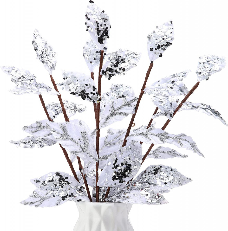 Set de 15 crengute cu frunze decorative Geosar, metal/matase, alb/argintiu, 34 x 10 cm Alb/Argintiu imagine noua