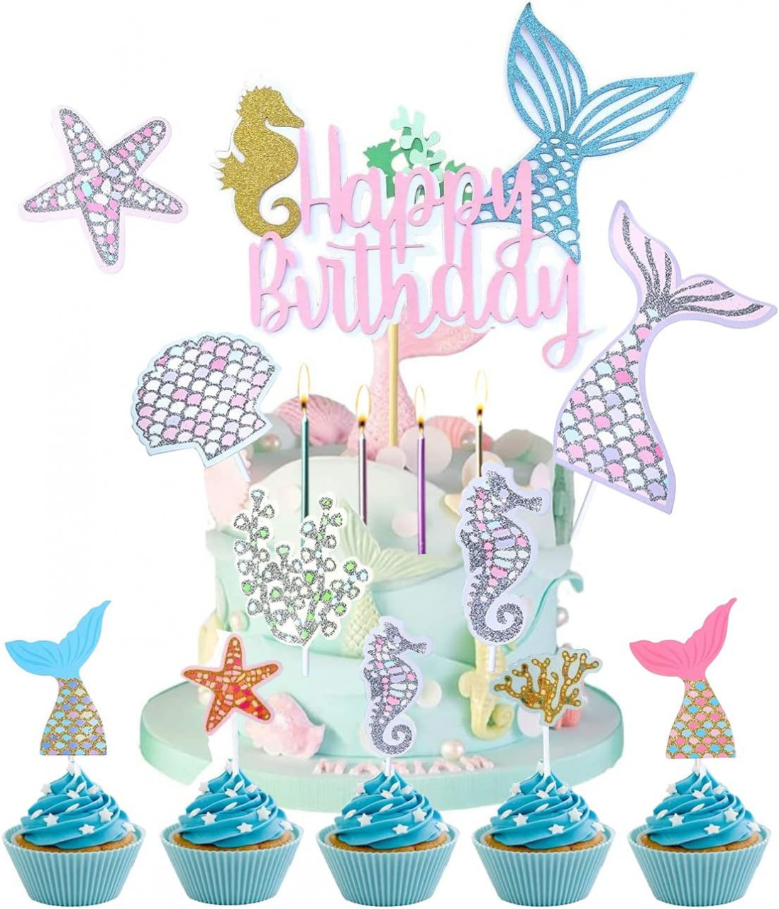 Set de 17 decoratiuni pentru tort Yitla, hartie, multicolor, model sirena