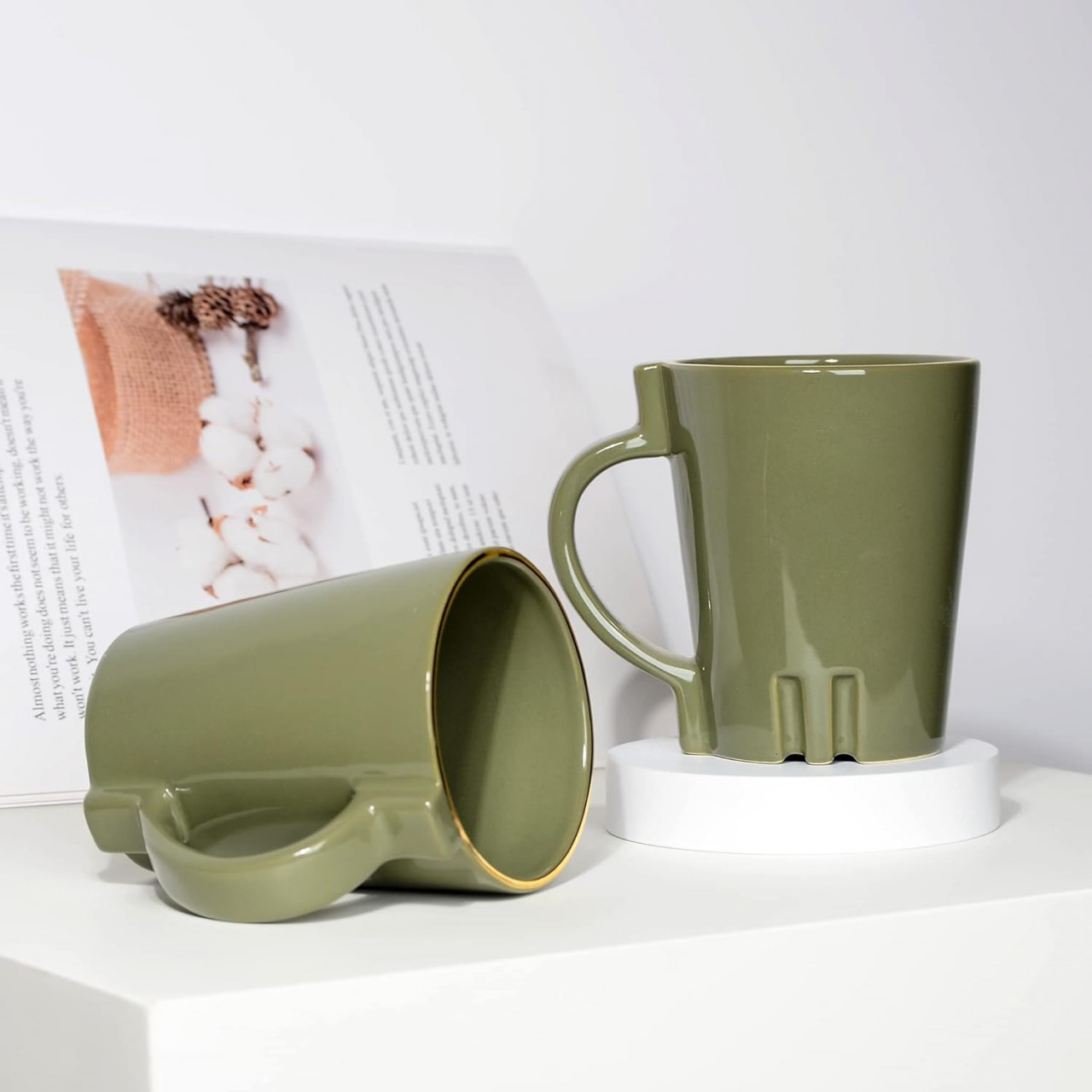Set de 2 cesti de cafea BosilunLife, ceramica, verde, 350 ml, 8,5 x 10,8 cm
