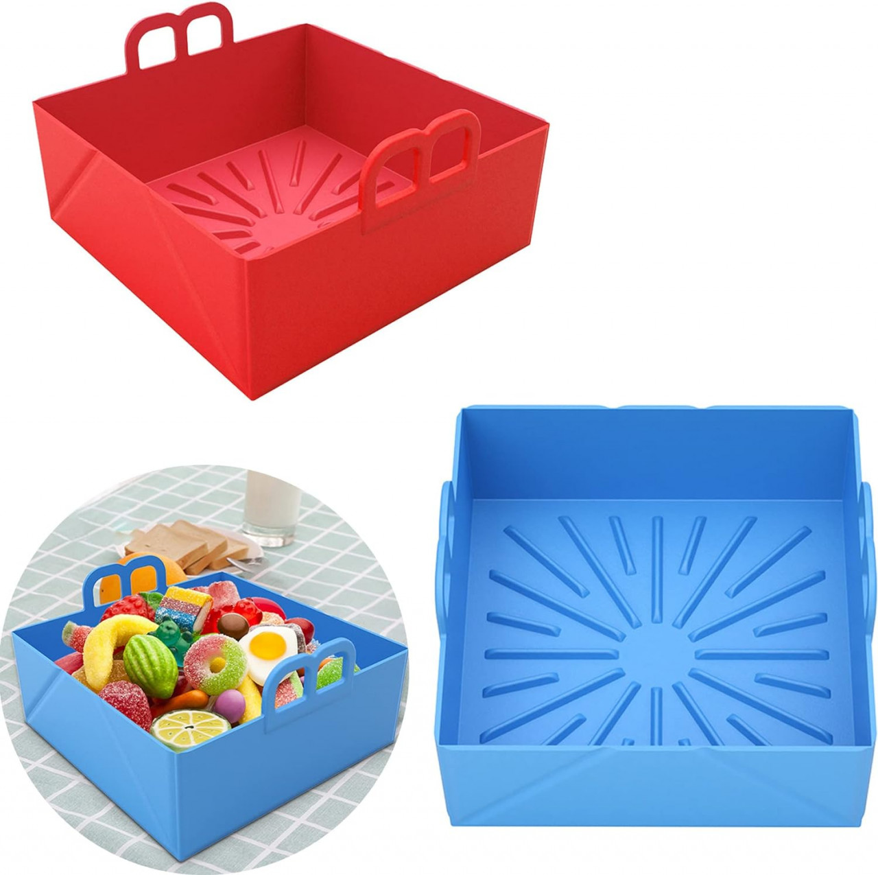Set de 2 cosuri pentru friteuza cu aer Mimzemamz, silicon, albastru/rosu, 15.8 x 15.8 x 6.1 cm