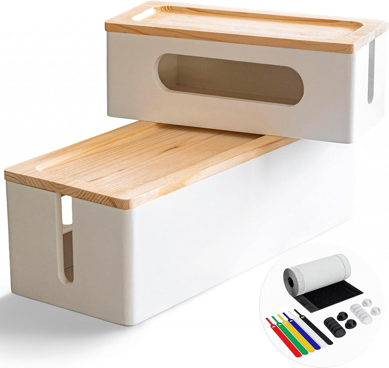 Set de 2 cutii pentru gestionarea cablurilor Nature Supplies, bambus, alb/natur
