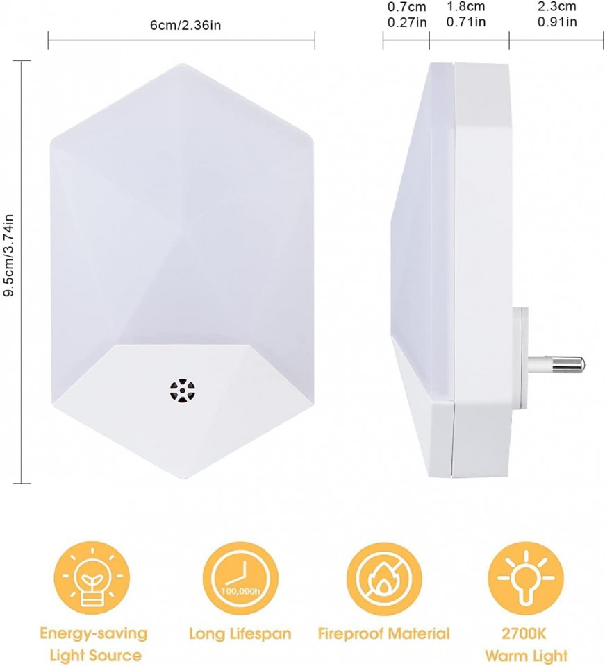 Set de 2 lampi cu senzor crepuscular DANGZW, LED, policarbonat, alb, 6 x 9,5 cm