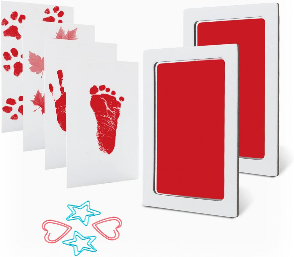 Set de 2 placute de cerneala cu 4 carti de imprimare amprenta bebelus Scotamalone, hartie/plastic, alb/rosu, 9,5 x 6 cm