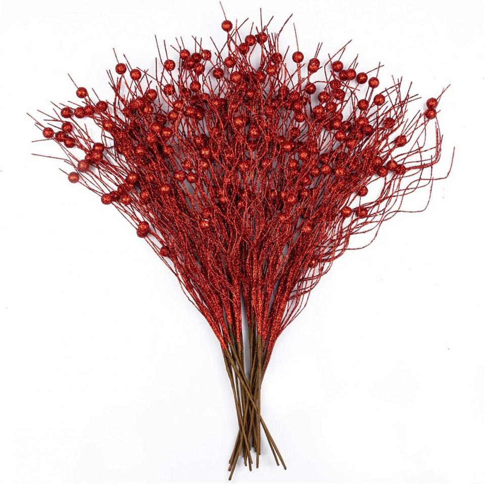 Set de 20 ramuri artificiale cu sclipici KI Store, rosu, 25 cm