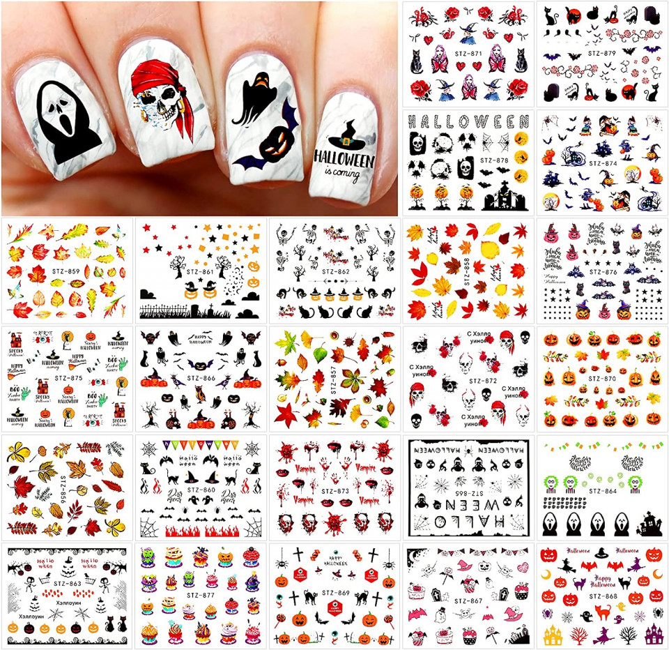 Set de 24 foi cu autocolante pentru unghii de Halloween, hartie/PVC, multicolor, 6 X 5,5 cm 55