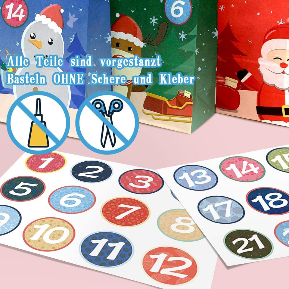 Poze Set de 24 pungi cu autocolante si clips pentru calendar de Advent WEYON, hartie/lemn/textil, multicolor, 15 x 9 x 27 cm