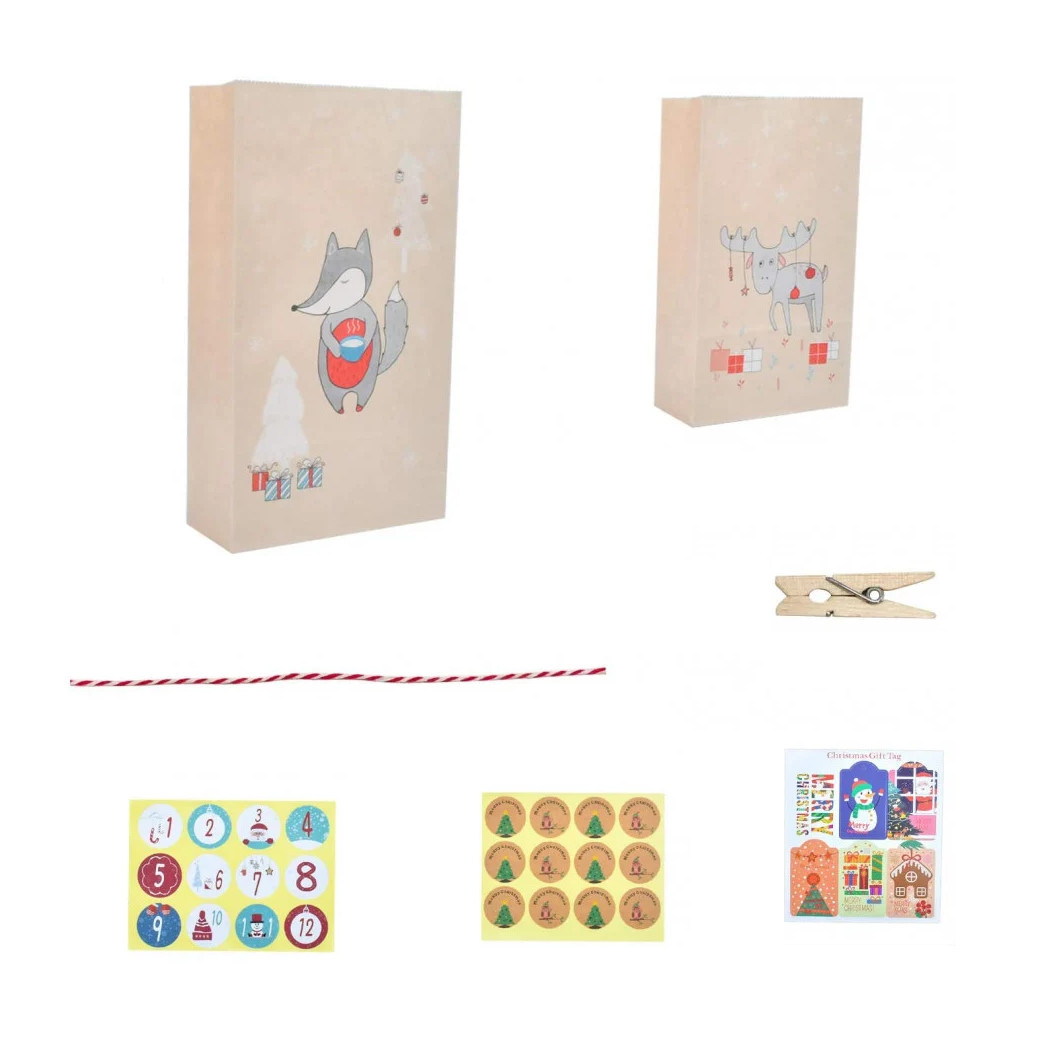 Set de 24 pungi cu clips si autocolante pentru calendar de advent Kateluo, hartie/lemn, multicolor