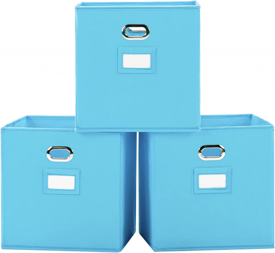 Set de 3 cutii depozitare YOUDENOVA, bumbac, albastru, 28 x 28 x 28 cm