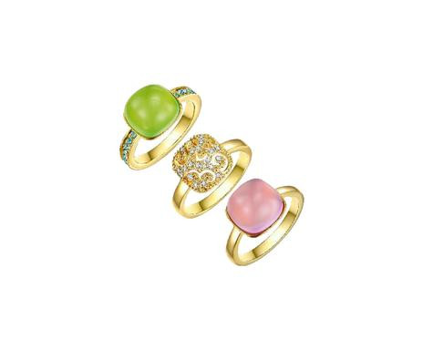 Set de 3 inele cu cristale Swarovski Isabel, metal, auriu/roz/verde auriu/roz/verde