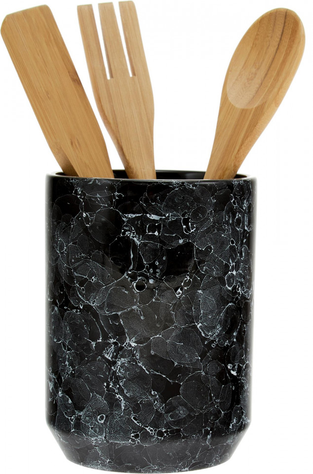 Set de 3 ustensile de bucatarie cu suport Bubble, negru/natur, 11 x 24 cm chilipirul-zilei.ro