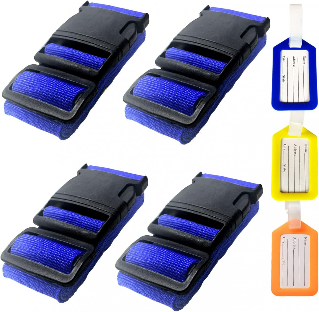 Set de 4 curele reglabile pentru bagaje si 3 etichete Sorzlluo, poliester/plastic, albastru/negru, 5 x 165 cm