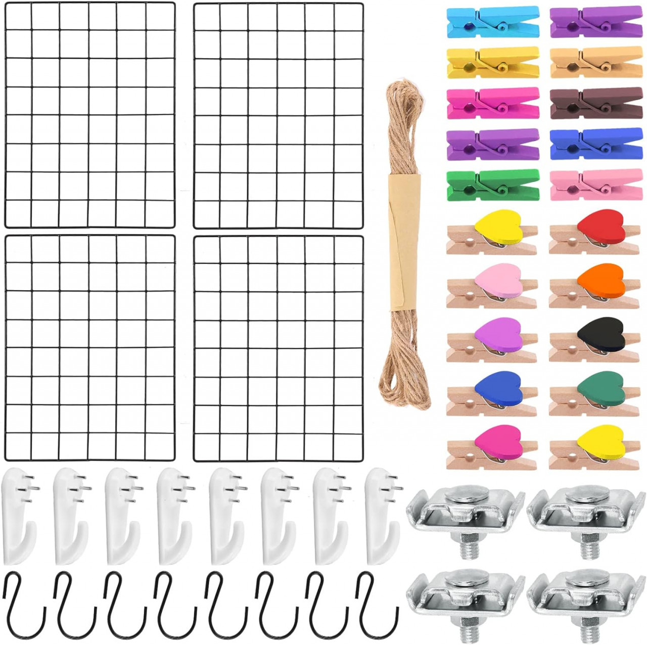 Set de 4 grile de perete cu accesorii pentru decoratiuni Wokape, metal/textil/lemn/plastic, multicolor, 45 piese