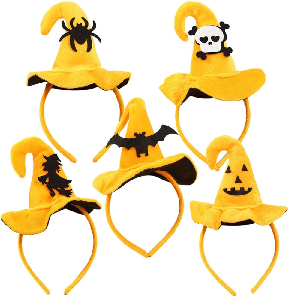 Set de 5 bentite cu palarie pentru Halloween Ropniik, catifea, galben/negru, 15 x 23 cm