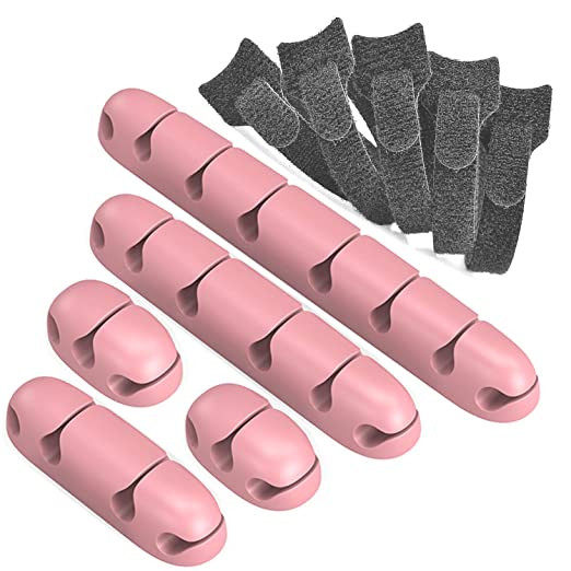 Set de 5 organizatoare de cablu si 5 benzi DAFROH, silicon/nailon, roz/gri inchis Accesorii imagine 2022