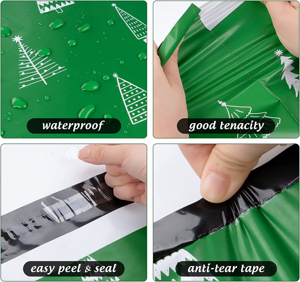 Poze Set de 60 de pungi auto-adezive pentru transport de Craciun Homewit, plastic, verde/alb, 30 x 40 cm