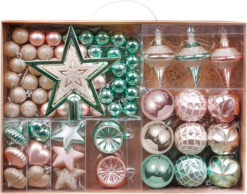 Set de 70 ornamente pentru brad Valery Madelyn, plastic, verde menta/rose, 3-17 cm 3-17