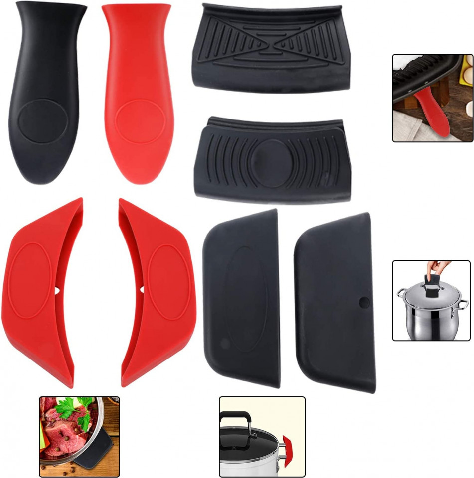Set de 8 manere pentru oale/capace PetierWeit, silicon, rosu/negru capace