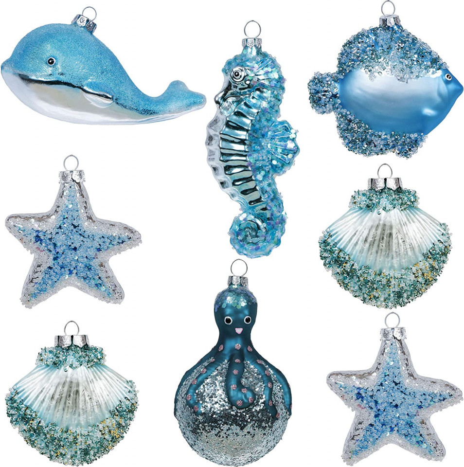 Set de 8 ornamente pentru brad Valery Madelyn, sticla, albastru, 7-14 cm
