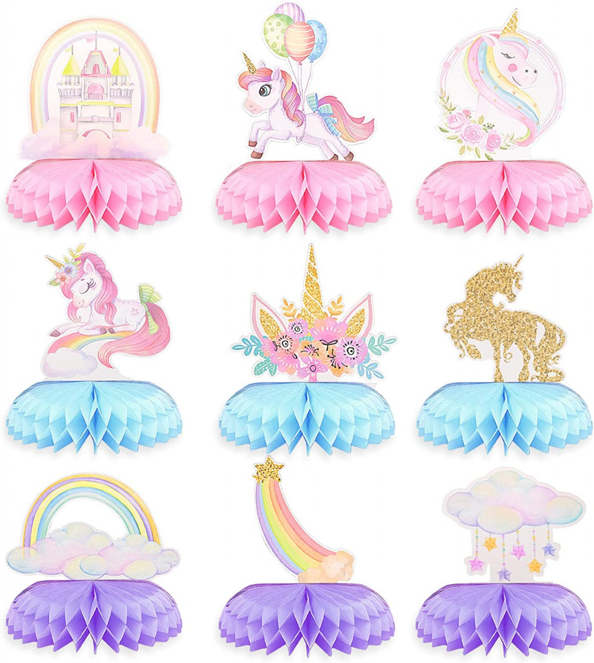 Set de 9 decoratiuni de petrecere TULEBOLIAN, model fagure Unicorn, hartie, multicolor Accesorii imagine noua