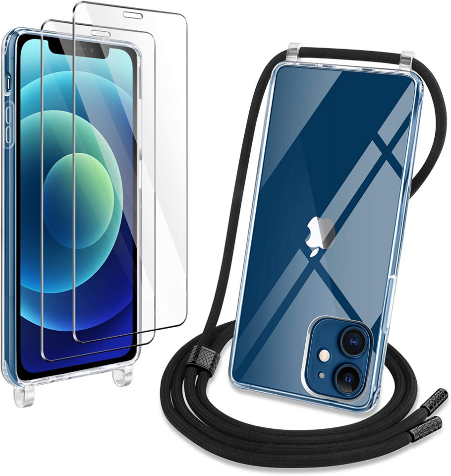 Set de husa cu snur si 2 folii de protectie pentru iPhone 12 Pro YIRSUR, plastic/sticla/metal, transparent/negru