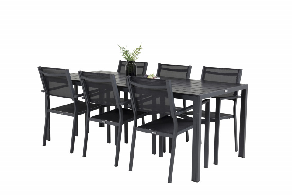 Set de o masa si 6 scaune de gradina Hiran, metal, negru/gri