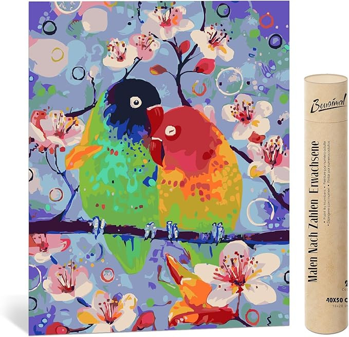 Set de pictura cu numere Bougimal, vopsea acrilica, model Pasari si Florii, multicolor, 40 x 50 cm