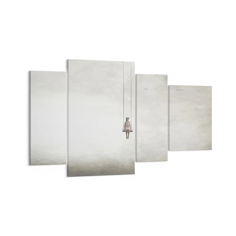 Set de tablouri Swing In Clouds, 4 piese, panza/lemn, gri, 70 x 120 x 1,8 cm