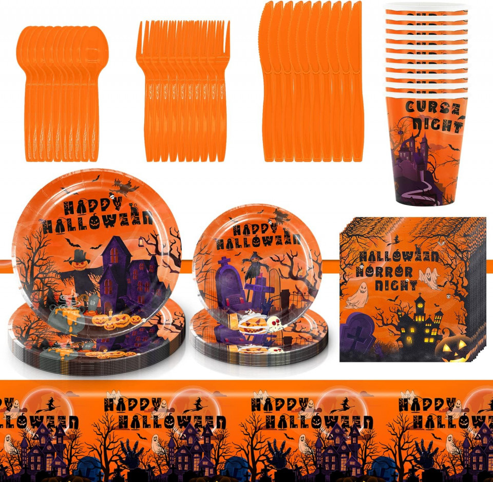 Poze Set de tacamuri pentru petrecere Halloween Miotlsy, carton/polietilena, portocaliu, 81 piese, 10 persoane