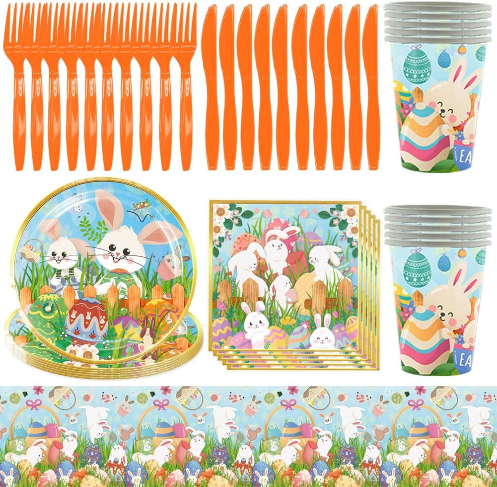 Set de vesela pentru Paste UZSXHJ, hartie, multicolor, pentru 10 persoane, 51 piese