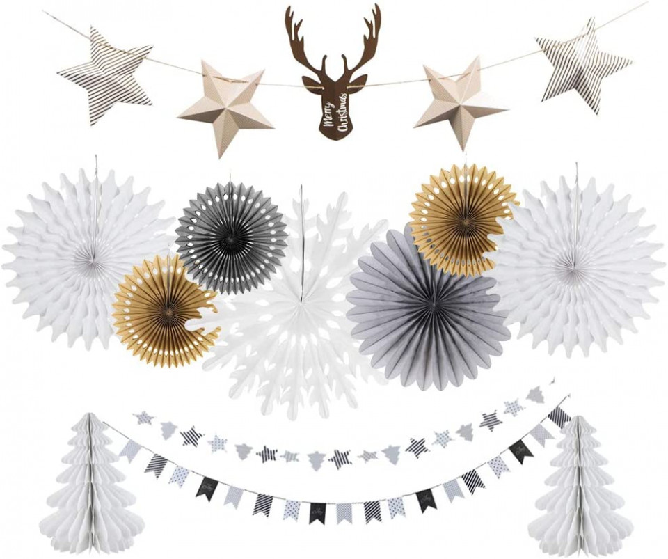 Set decoratiuni pentru petrecere Sunbeauty, 11 piese, hartie, alb/gri/auriu accesorii