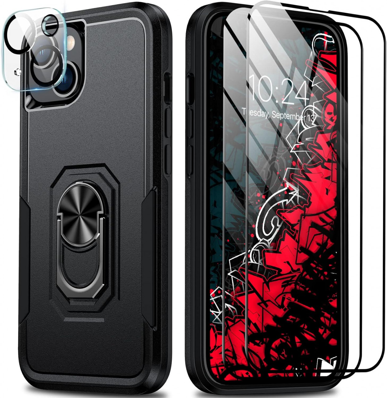Set husa, 2 folii si o protectie camera pentru iPhone 14 Antshare, TPU/sticla securizata, negru/transparent, 6,1 inchi