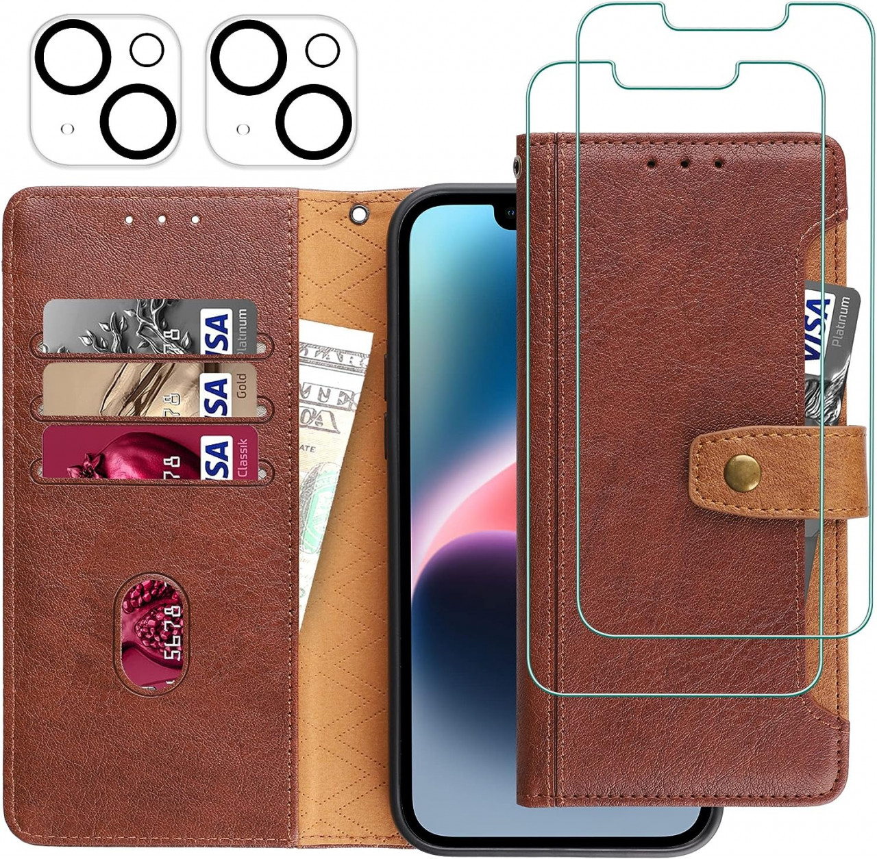 Set husa flip, 2 folii pentru camera si 2 folii pentru ecran compatibile cu iPhone 14 Plus Gimane, piele PU/sticla securizata, maro/transparent, 6,7