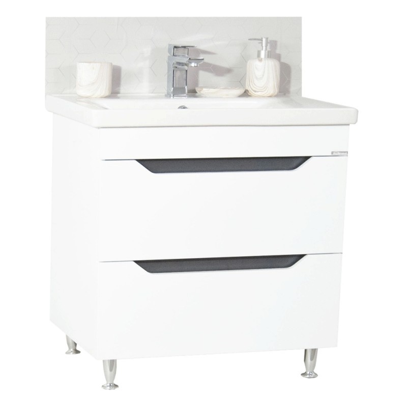 Set mobilier baie GN7561, cu lavoar ceramic, circular, front MDF, 80 cm, 2 sertare, picioare cromate reglabile, alb/antracit