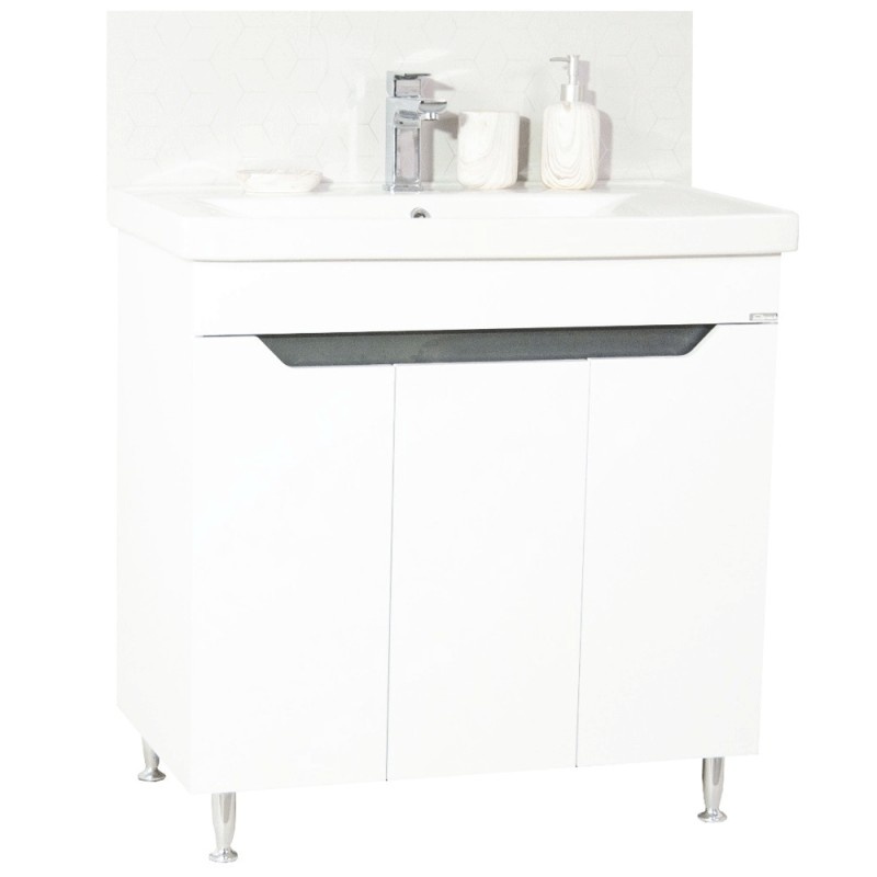 Set mobilier baie GN7561, cu lavoar ceramic, front MDF, 80 cm, 3 usi, 2 rafturi, picioare cromate reglabile, alb/antracit