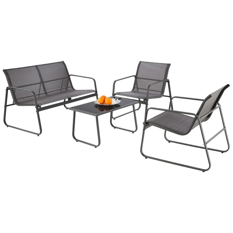 Set mobilier de gradina si terasa HM Conor, metalic, textilena, cu canapea, fotolii si masuta cafea, 4 persoane, gri inchis