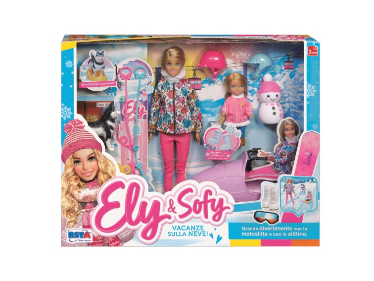 Set papusi RS Toys Ely si Sofy, cu snowmobil, sanie, caine Husky si accesorii
