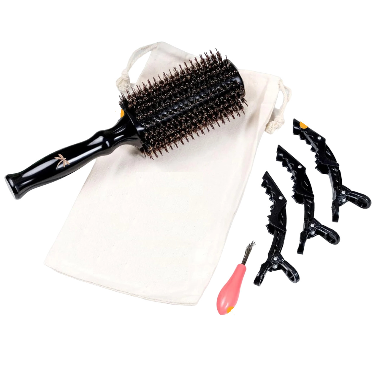 Set perie de par si 3 clame Belula, nailon/peri naturali, negru, 26 x 9 x 7 cm