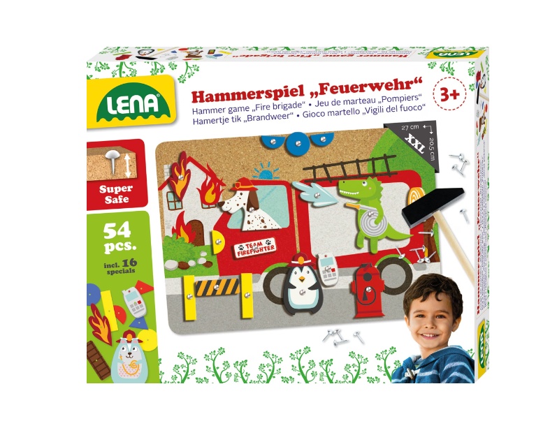 Set pompieri cu ciocan si cuie Lena, pentru copii, 38 piese din lemn, 16 forme imprimate si accesorii