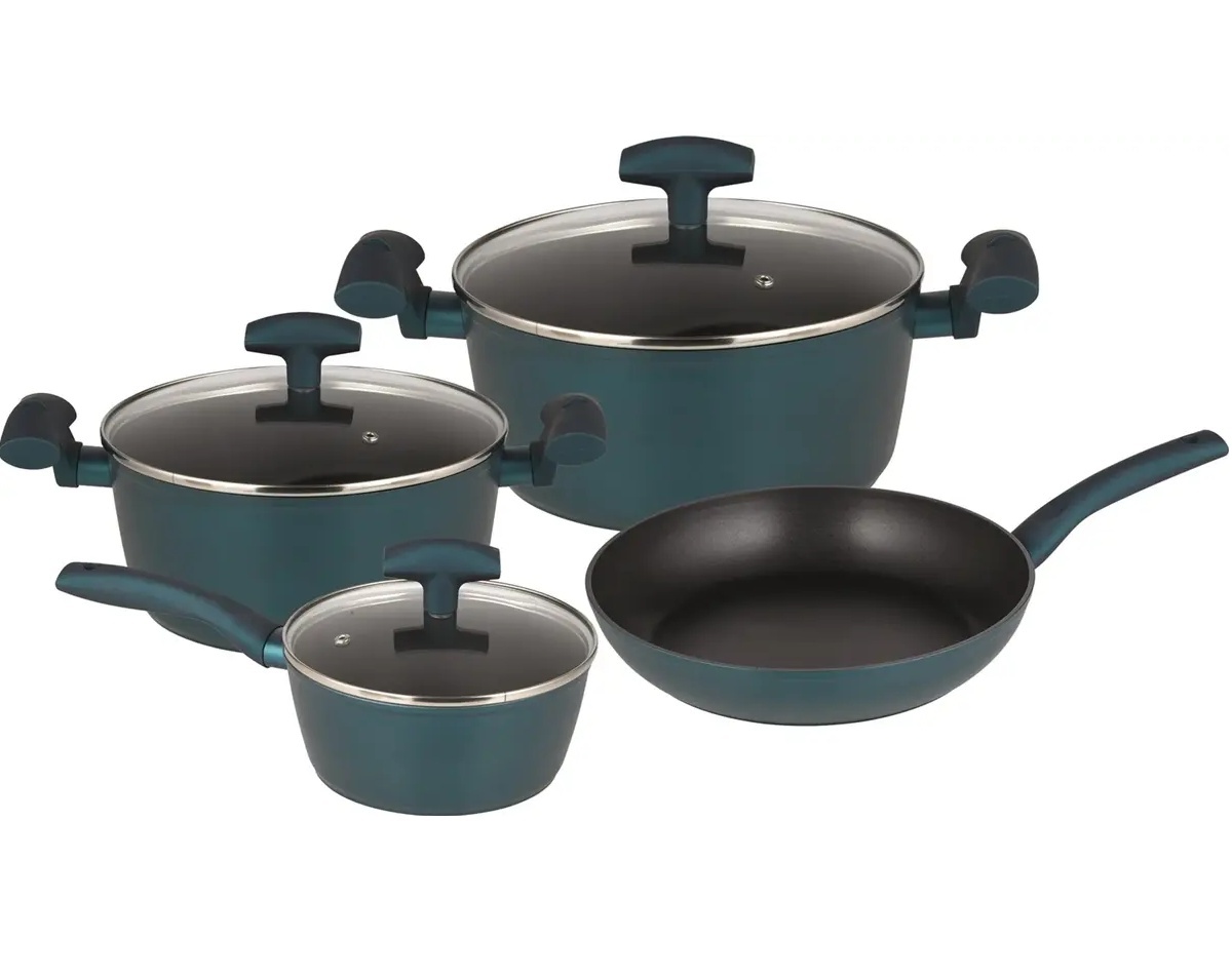 Set vase de gatit Michelino, 7 piese, aluminiu forjat, acoperire antiaderenta, turcoaz