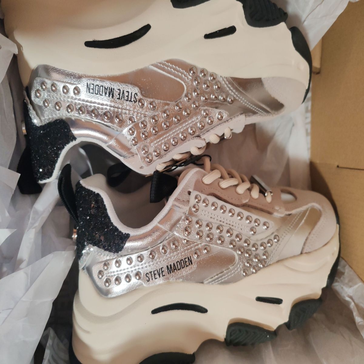 Steve Madden, Pantofi sport cu garnituri de piele intoarsa, Argintiu, 37, Resigilat, Grad A