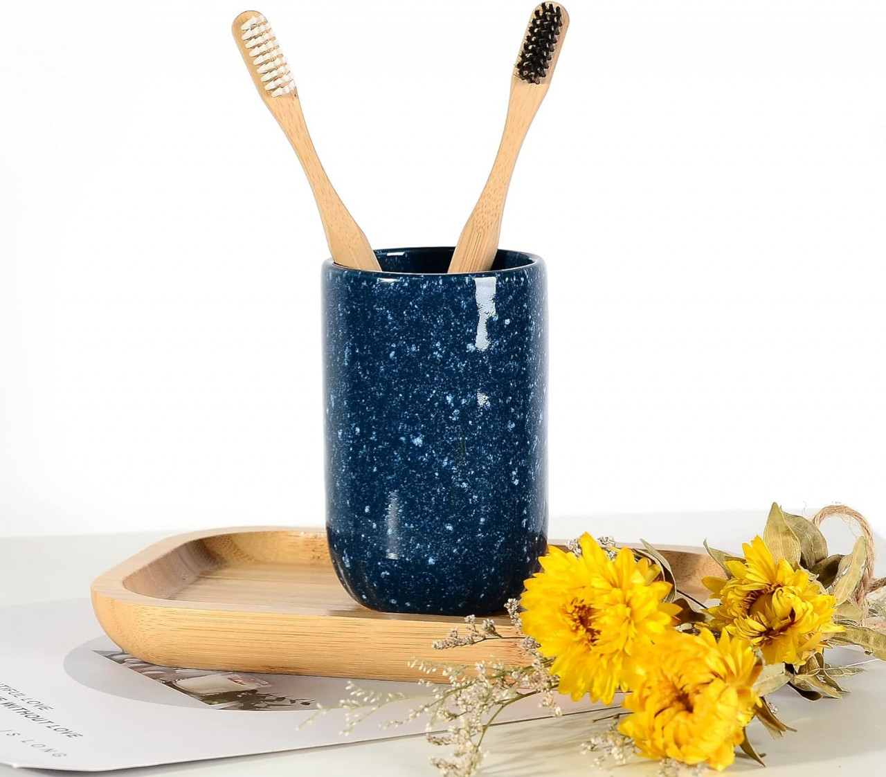 Suport pentru periute de dinti BosilunLife, ceramica, albastru, 7 x 11 cm