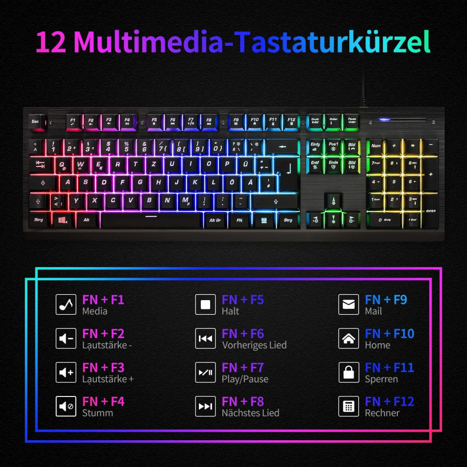 Poze Tastatura multimedia Shenzhen Zhuoyi Electronics Co. Ltd cu cablu USB 1.7 m, iluminare cu LED, multicolor